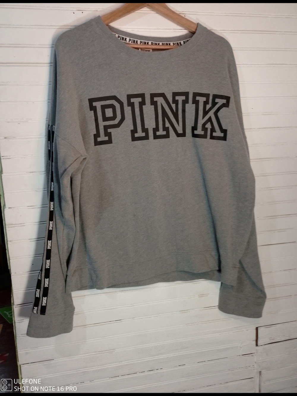 PINK Victoria's Secret Gray Crewneck Sweatshirt with Black Logo Tape